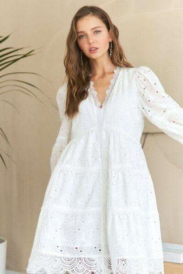 ADORA Lace Detail Tiered Eyelet V-Neck Babydoll Dress - SwagglyLife Home & Fashion